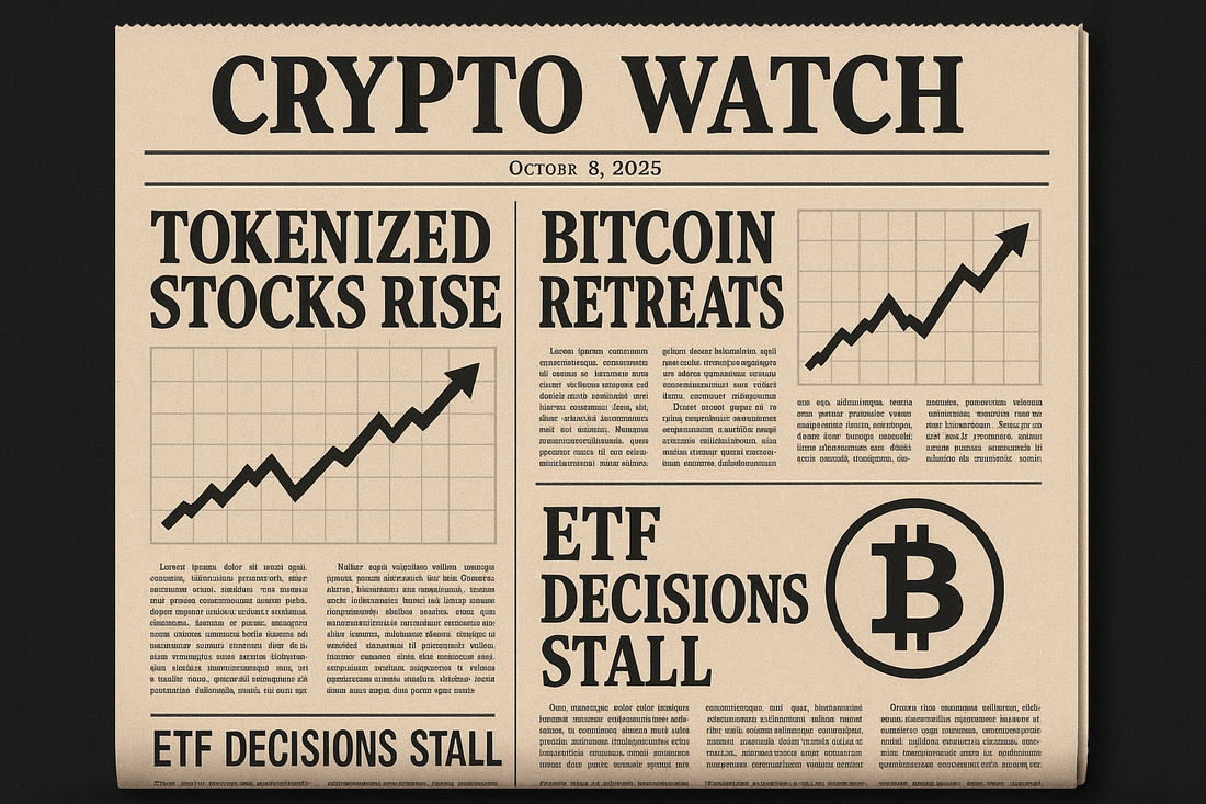 Crypto Watch (Oct 8, 2025): Tokenized Stocks Rise, Bitcoin Retreats, and ETF Decisions Stall