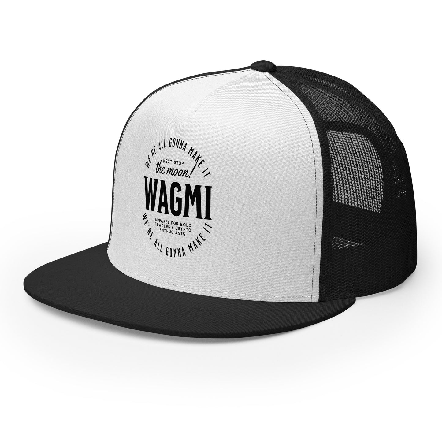 Man wearing black and white trucker hat with bold text “WAGMI” and crypto slogan “We’re All Gonna Make It,” styled with a black shirt