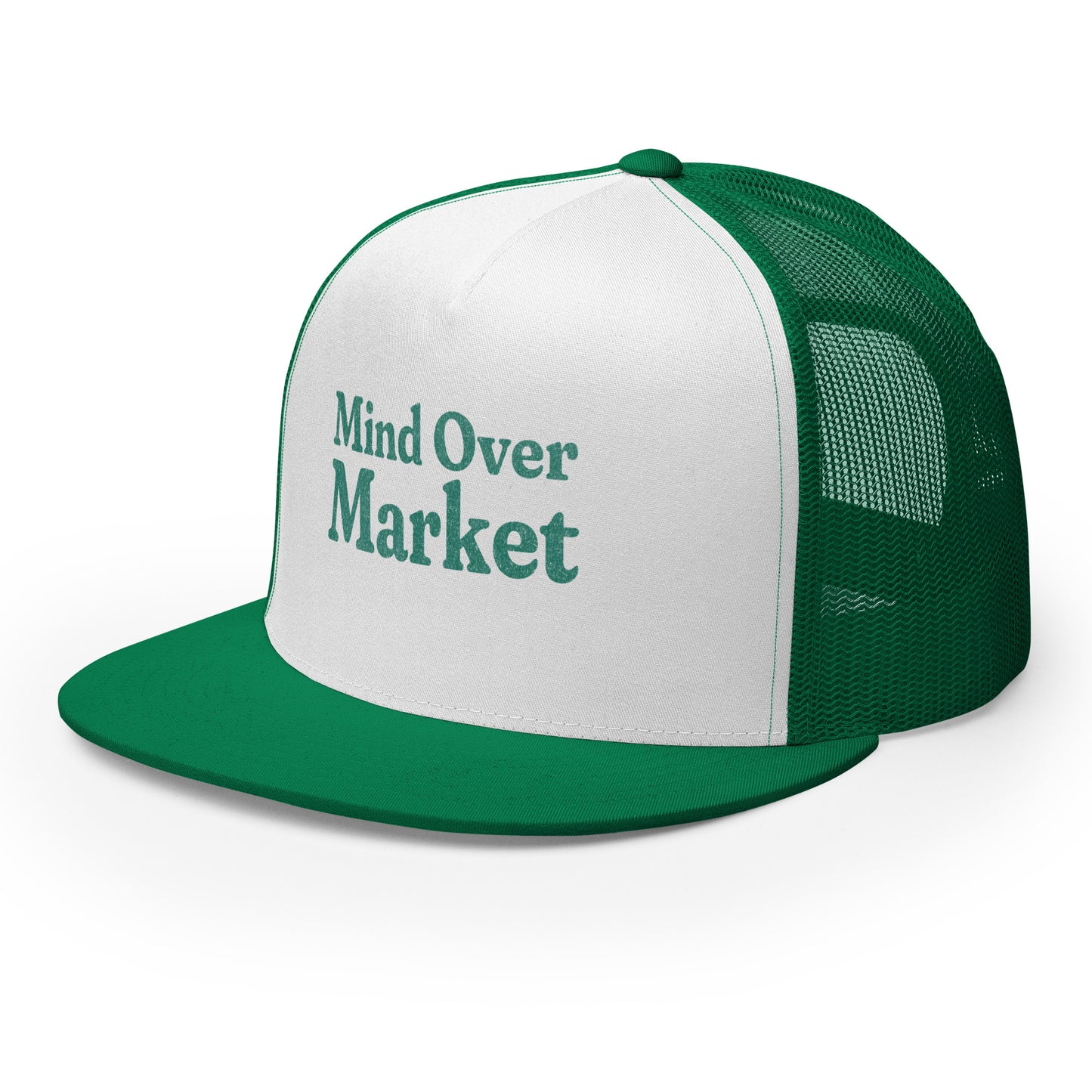Close-up of person wearing green and white trucker hat with “Mind Over Market” text, styled with dark sunglasses and forest green hoodie