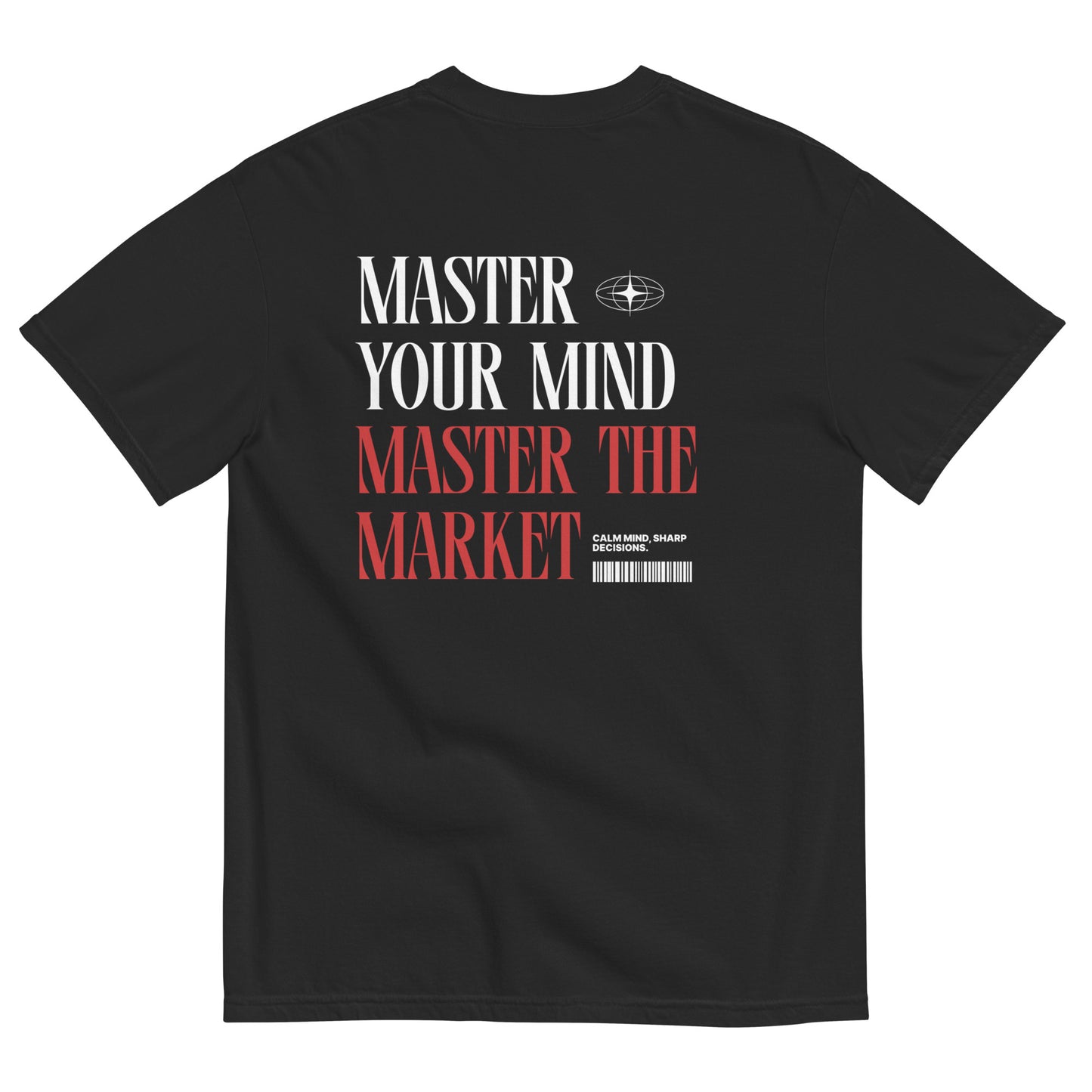 Male and female models wearing black t-shirts with trading mindset prints; front reads “Mind Over Market,” back says “Master Your Mind, Master the Market”