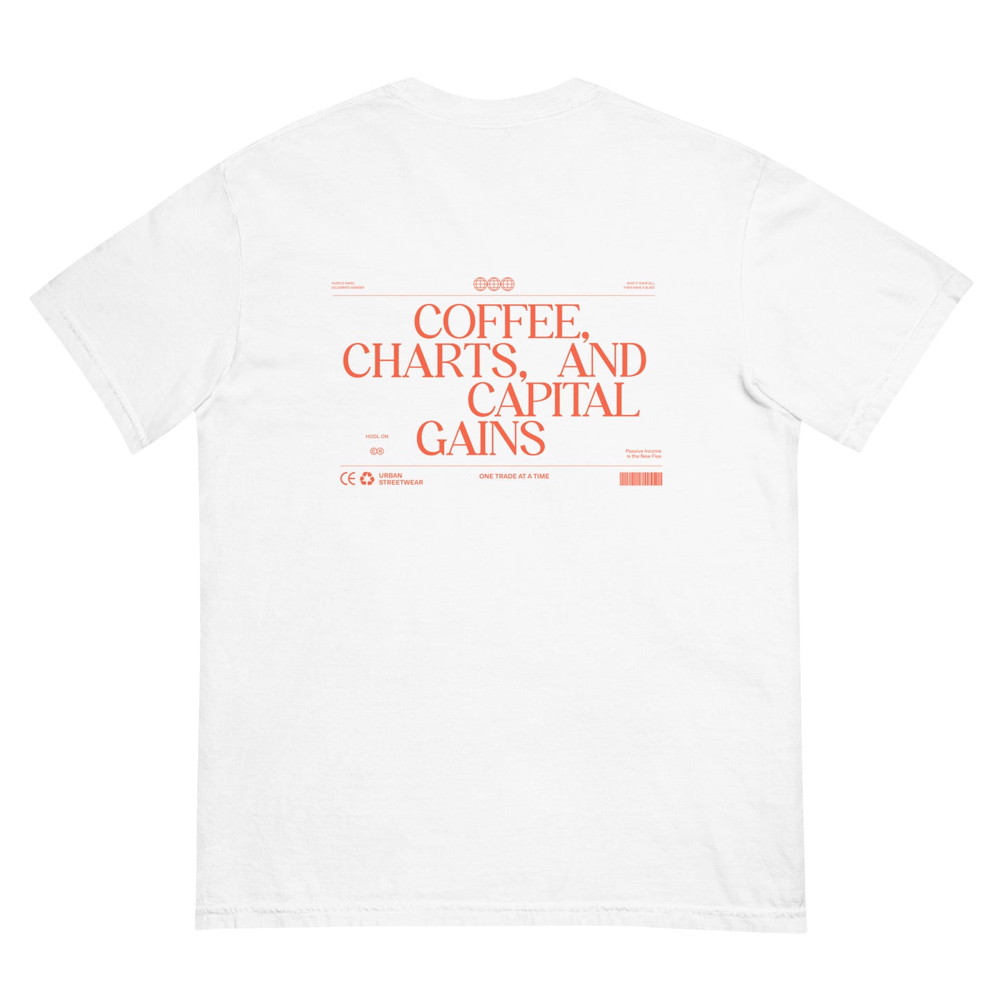 Man wearing oversized white t-shirt with small orange crypto wave graphic on chest, paired with gray sweatpants and sneakers in a minimal studio setting