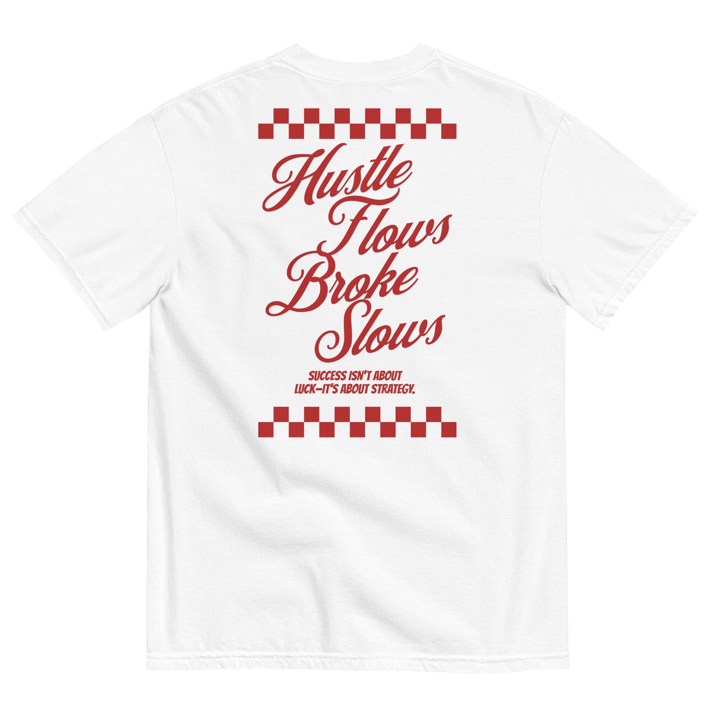 Two models wearing oversized white t-shirts; front reads “Cash Flow Club” in red, back print says “Hustle Flows Before Shows” with checkered graphic