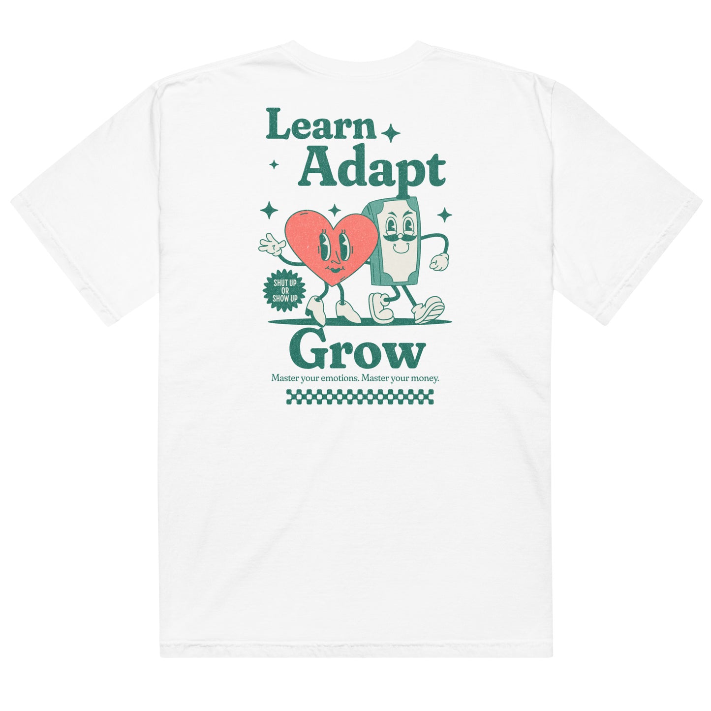 Two models wearing Bull & Bear cream oversized sets; back of shirt reads “Learn. Adapt. Grow.” with heart and brain graphic, front says “Mind Over Market”