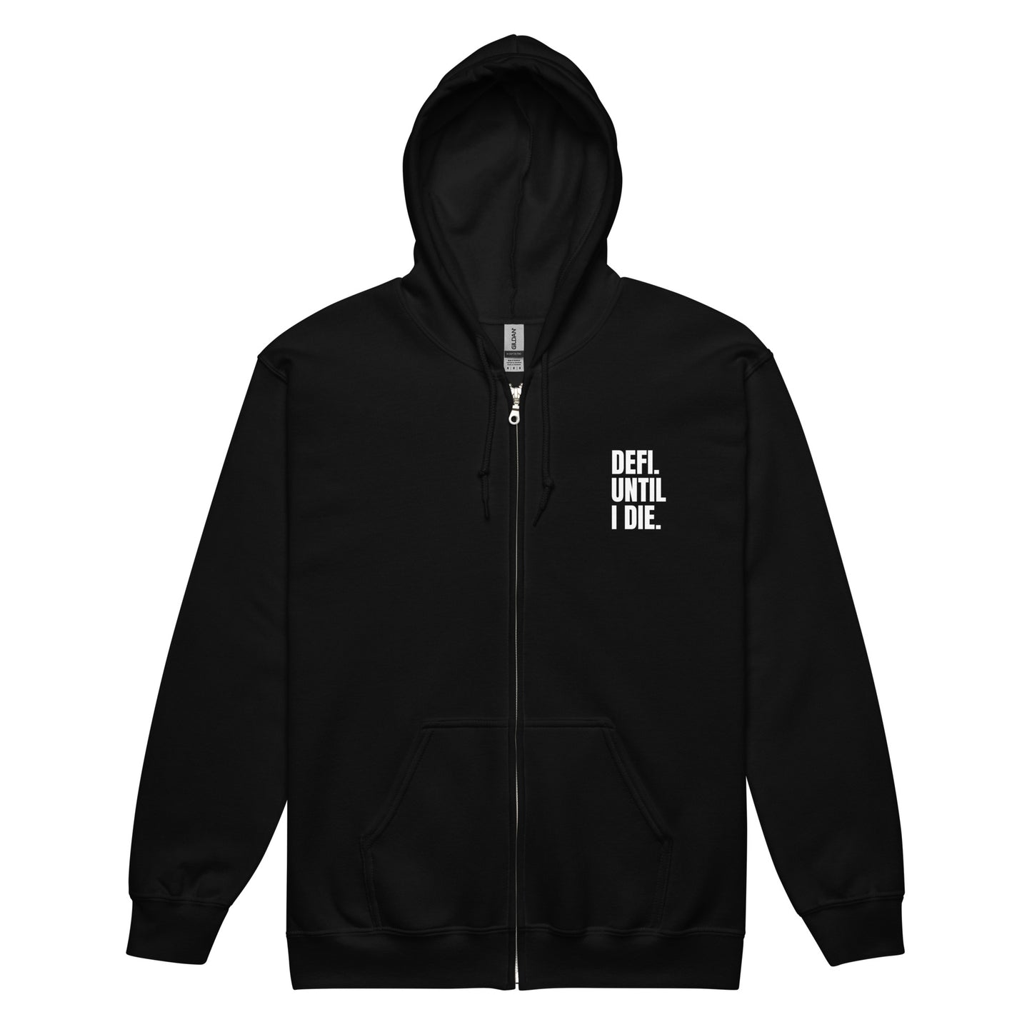 Man wearing black zip-up hoodie with white minimalist text that reads “DeFi Until I Die,” styled with hands in pockets
