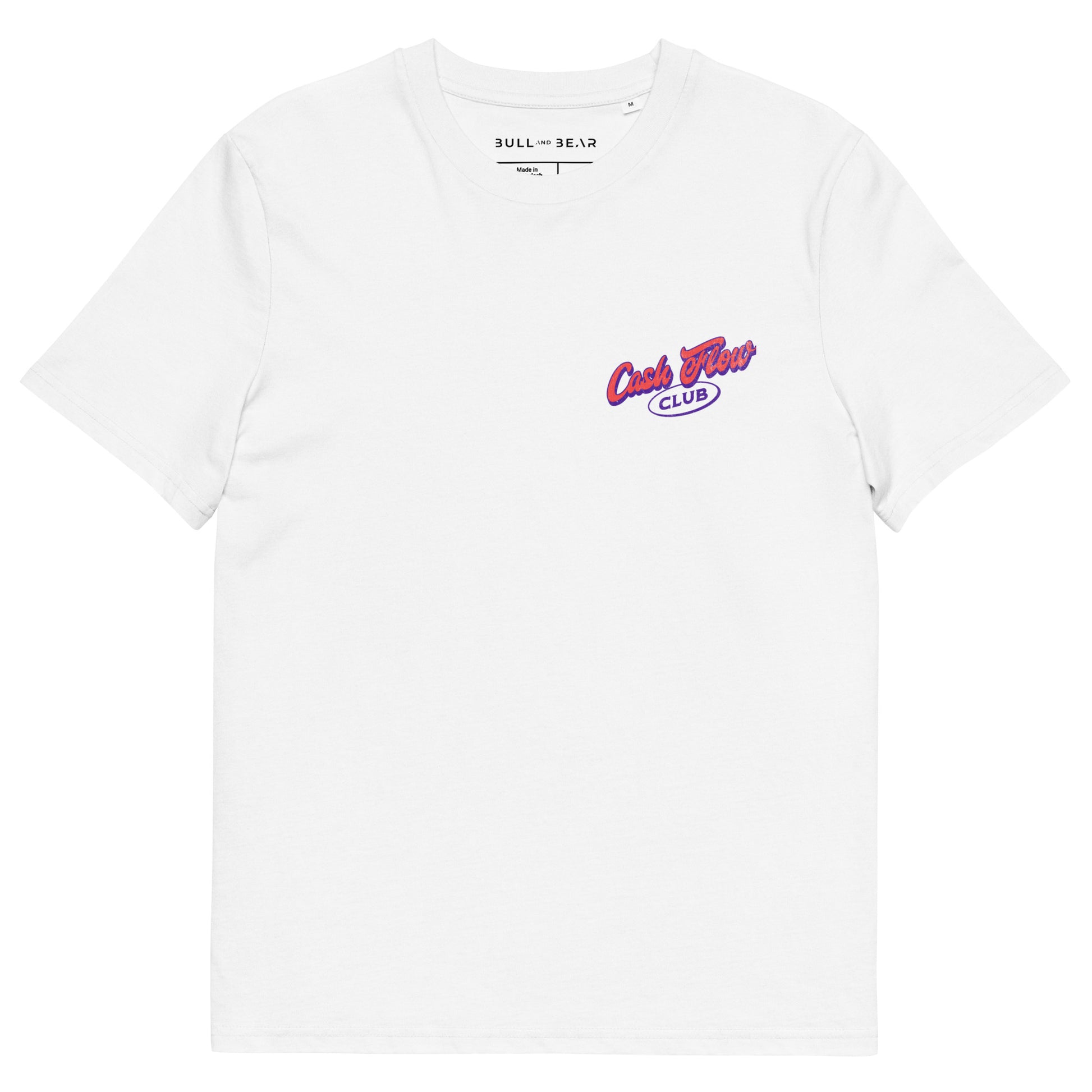Man sitting in relaxed pose wearing white t-shirt with small pink and purple “Cash Flow Club” logo, paired with light gray pants