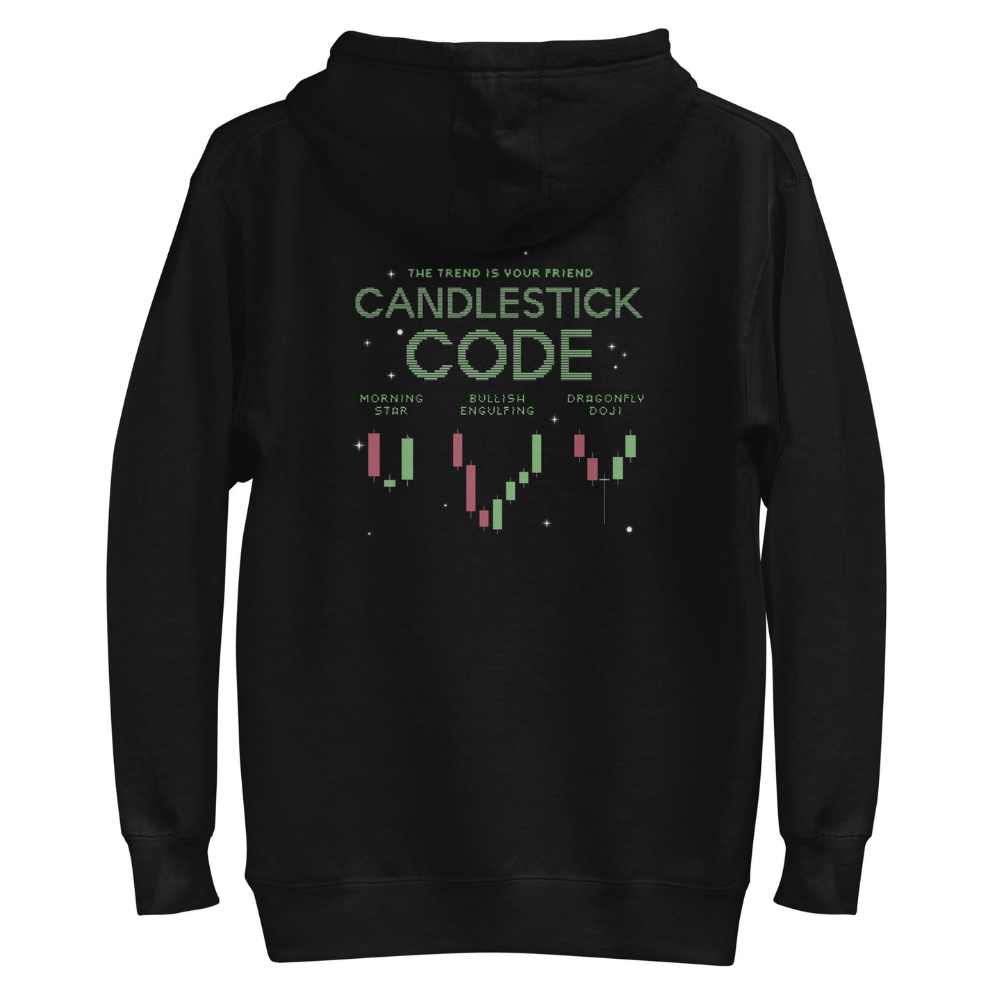Woman wearing oversized black hoodie with small green chest text that reads “Ride the Wave,” styled with black joggers