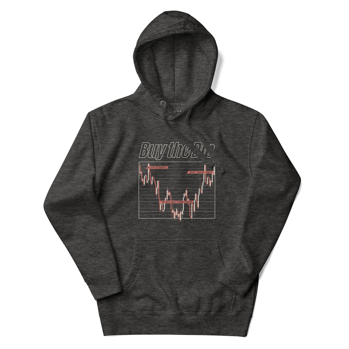 Man wearing charcoal gray hoodie with candlestick chart graphic and “Buy the Dip” text, styled in a relaxed trading streetwear look
