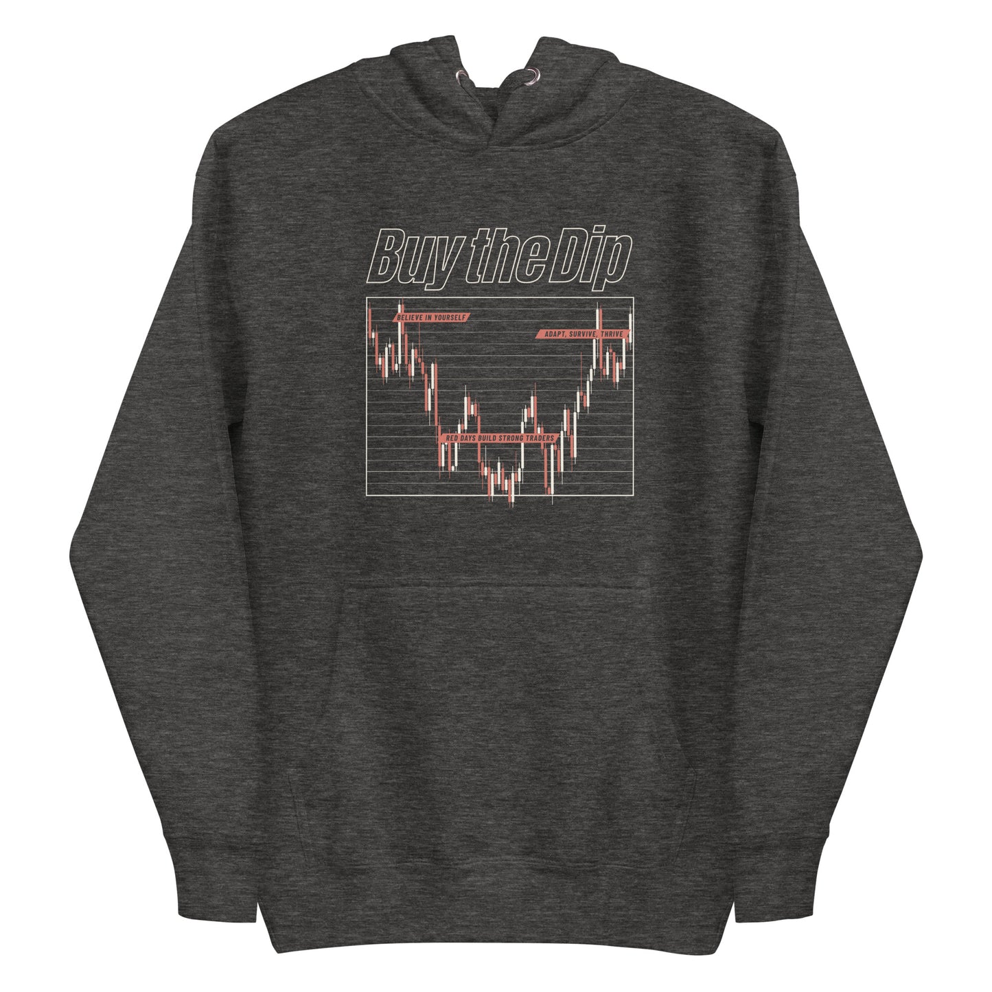 Man wearing charcoal gray hoodie with candlestick chart graphic and “Buy the Dip” text, styled in a relaxed trading streetwear look