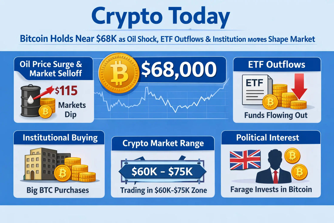 Crypto Today: Bitcoin Holds Near $68K as Oil Shock, ETF Outflows & Institutional Moves Shape Market