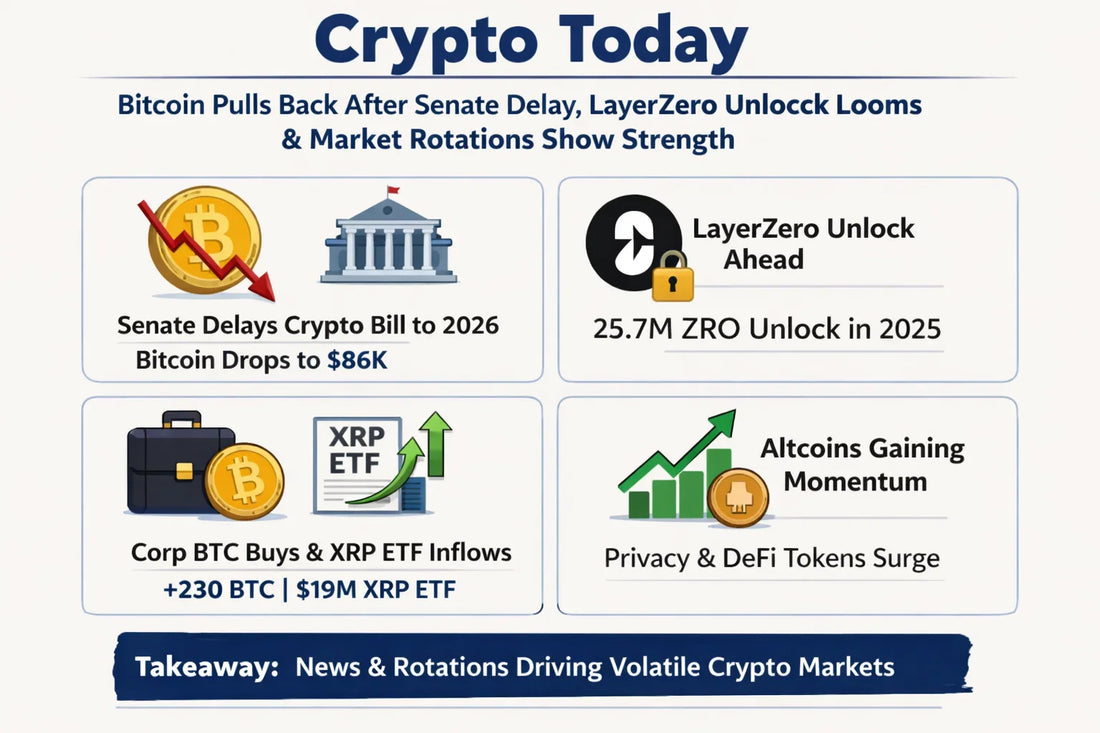 Crypto Today: Bitcoin Pulls Back After Senate Delay, LayerZero Unlock Looms & Market Rotations Show Strength