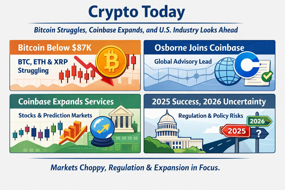 Crypto Today: Bitcoin Struggles, Coinbase Expands, and U.S. Industry Looks Ahead
