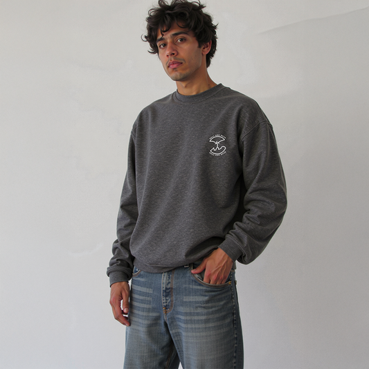 Male model wearing charcoal gray crewneck sweatshirt with minimalist wave and candlestick graphic on chest, paired with faded jeans