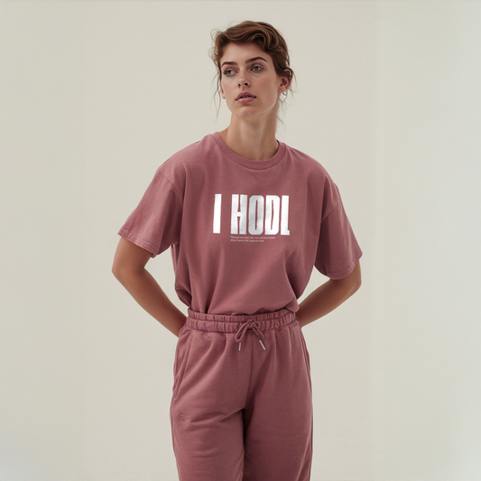 Woman wearing mauve matching set with metallic “I HODL” text on t-shirt, styled in relaxed crypto streetwear fit