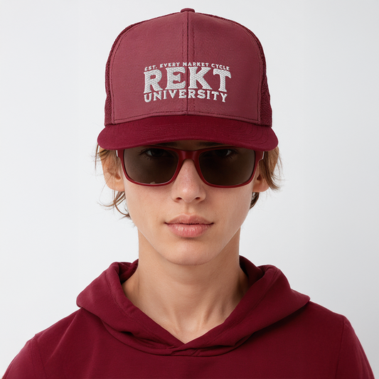 Close-up of female model wearing maroon “REKT University” trucker hat and matching sunglasses, styled with a hoodie