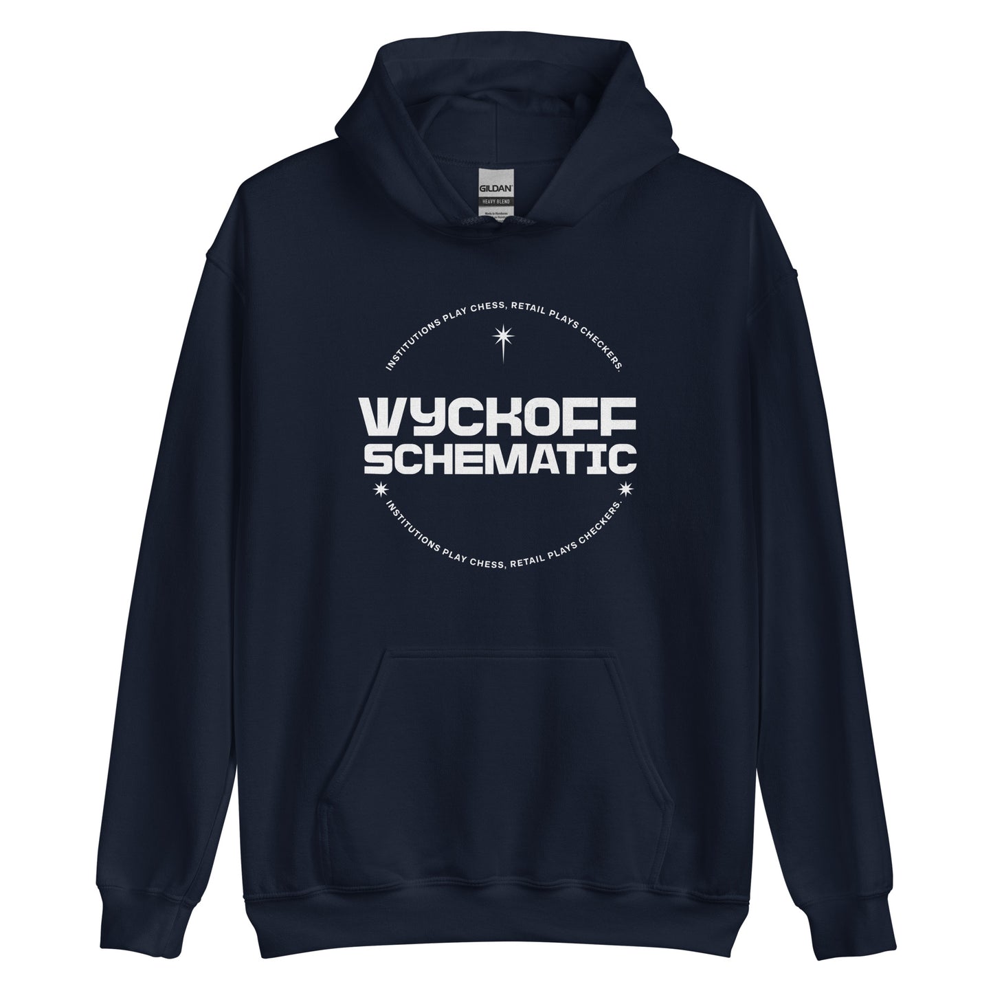 Woman wearing navy “Wyckoff Schematic” hoodie with circular crypto trading graphic, styled in matching sweatpants against gray background