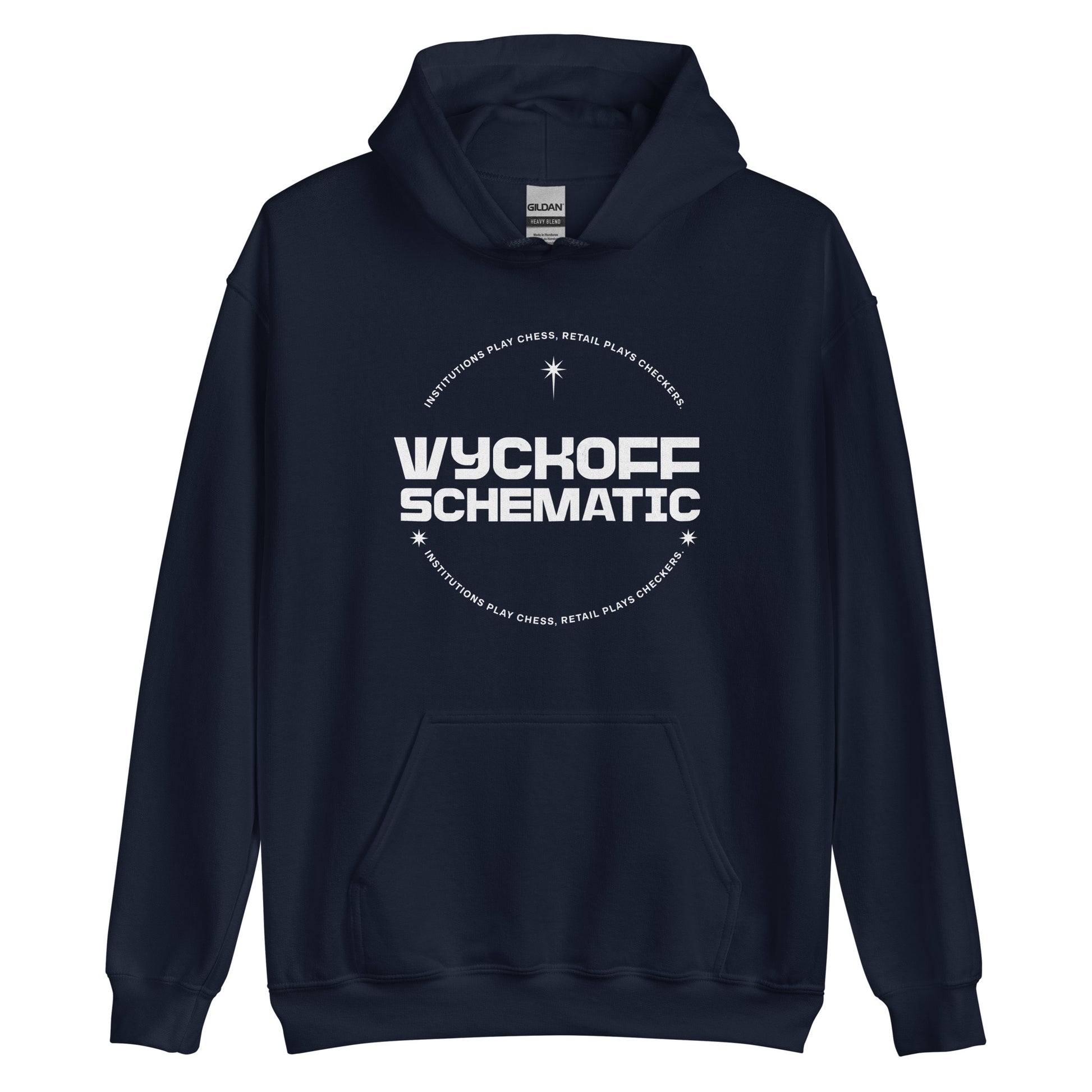 Woman wearing navy “Wyckoff Schematic” hoodie with circular crypto trading graphic, styled in matching sweatpants against gray background