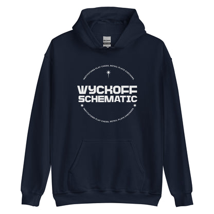Woman wearing navy “Wyckoff Schematic” hoodie with circular crypto trading graphic, styled in matching sweatpants against gray background